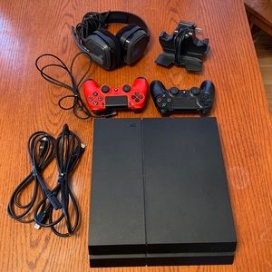 Ps4 Console, 2 controllers, headset, and charging stand